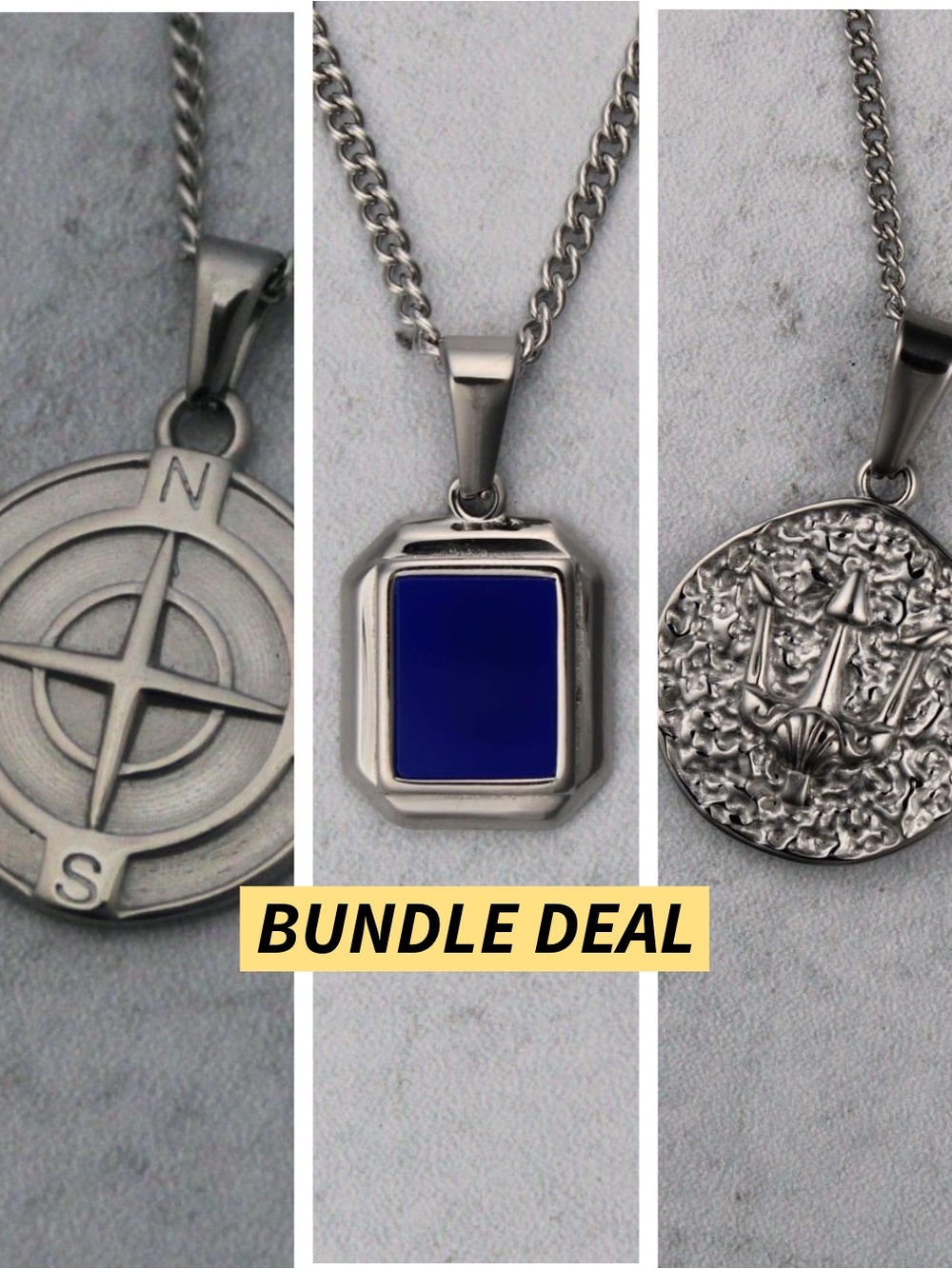 Silver Pendant Necklace Set - Compass / Blue Enamel / Trident